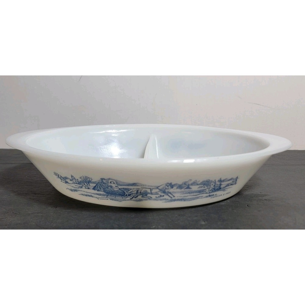 Glasbake Divided Casserole Dish Currier and Ives-The Road in Winter J2352 No Lid